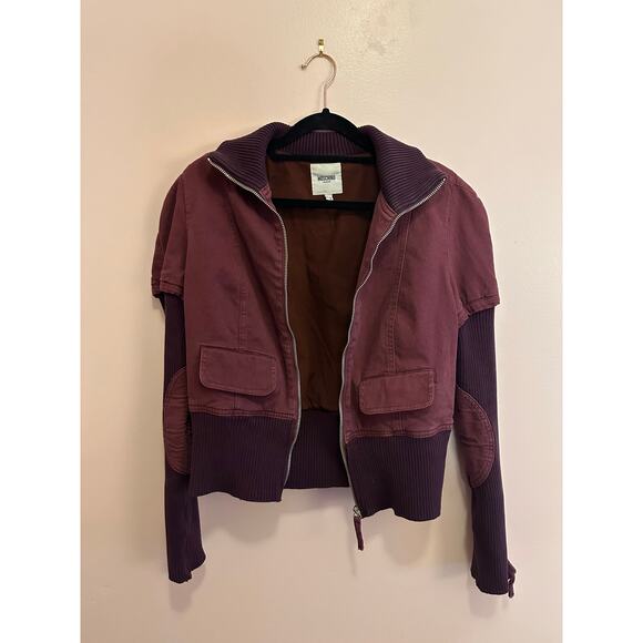 Moschino Jeans Maroon Denim Women's Ribbed Zip Up Embroidered Bomber Jacket 8 - Picture 1 of 15